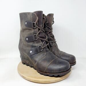 Sorel Joan of Arctic Boots Womens 9 Brown Leather Chunky Lug Hidden Wedge Shoes